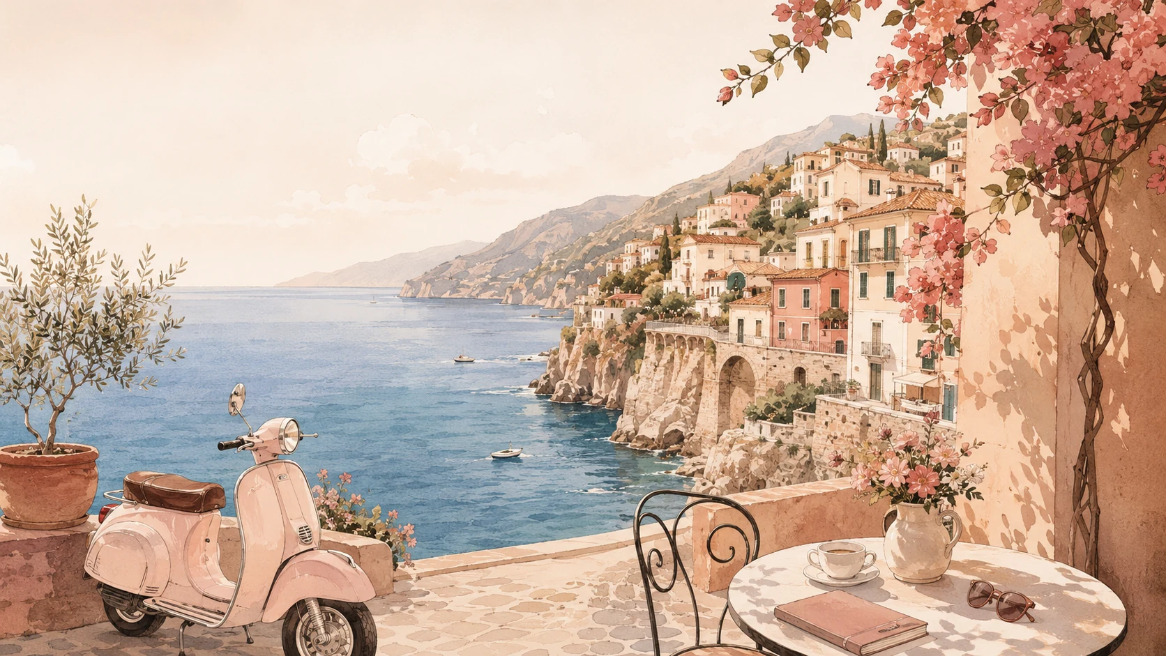 Illustration of the Italian coast with a pink scooter, tables and flowers